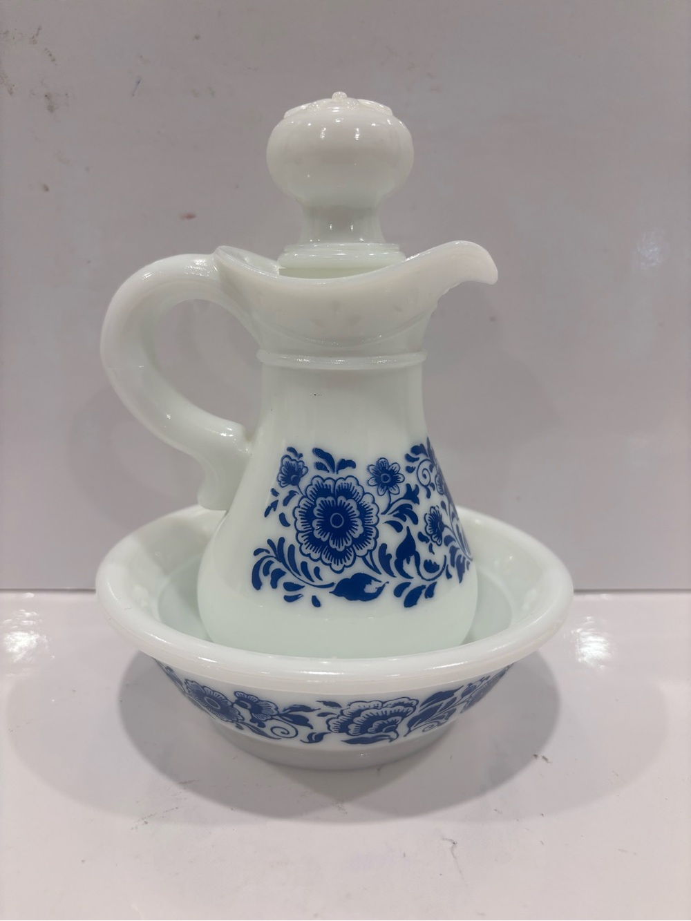 Vintage Avon Milk Glass Blue Floral Pitcher Decanter & Wash Basin Bowl Set